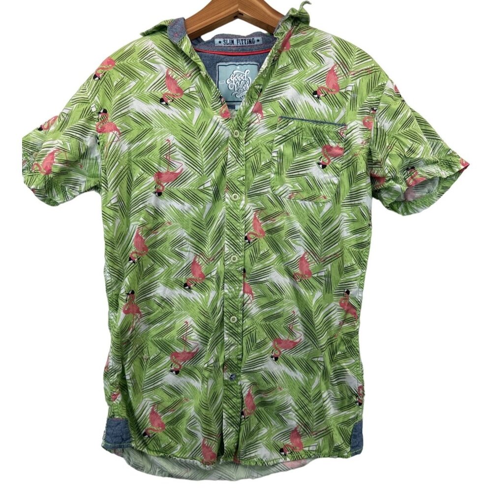 Good Vibes by Drill Mens Hawaiian Shirt Sz S Cotton Flamingo SS Button Up Pocket